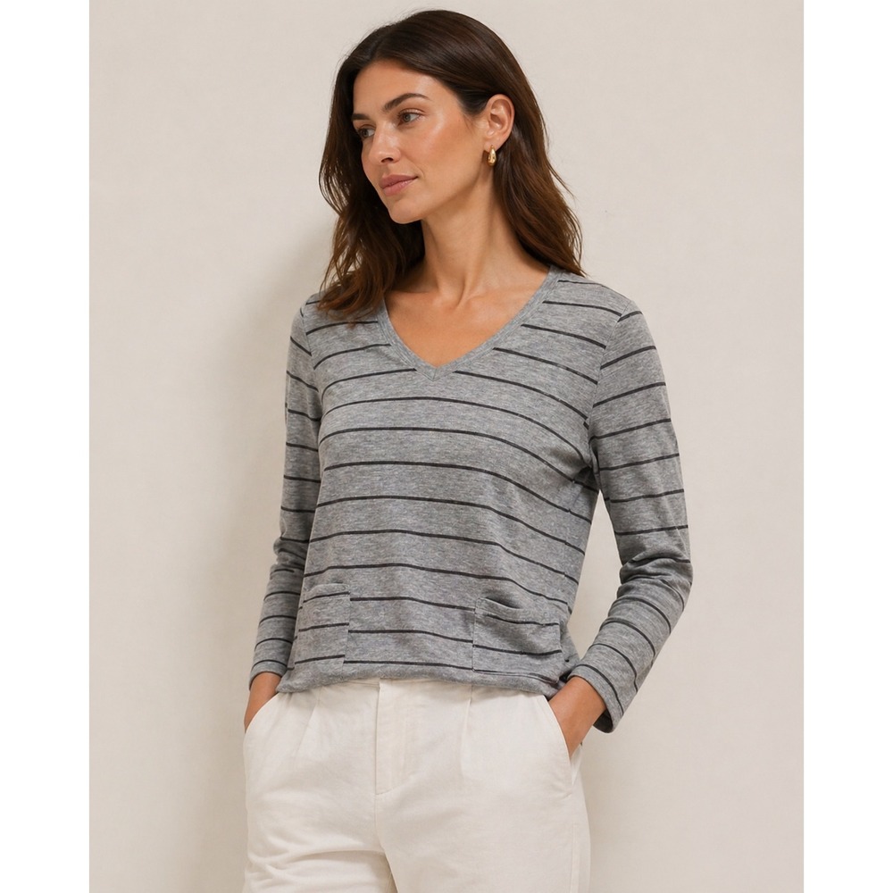 J. Jill Pure Jill Gray Striped V-Neck Tunic Top Long Sleeve Pockets Small Petite